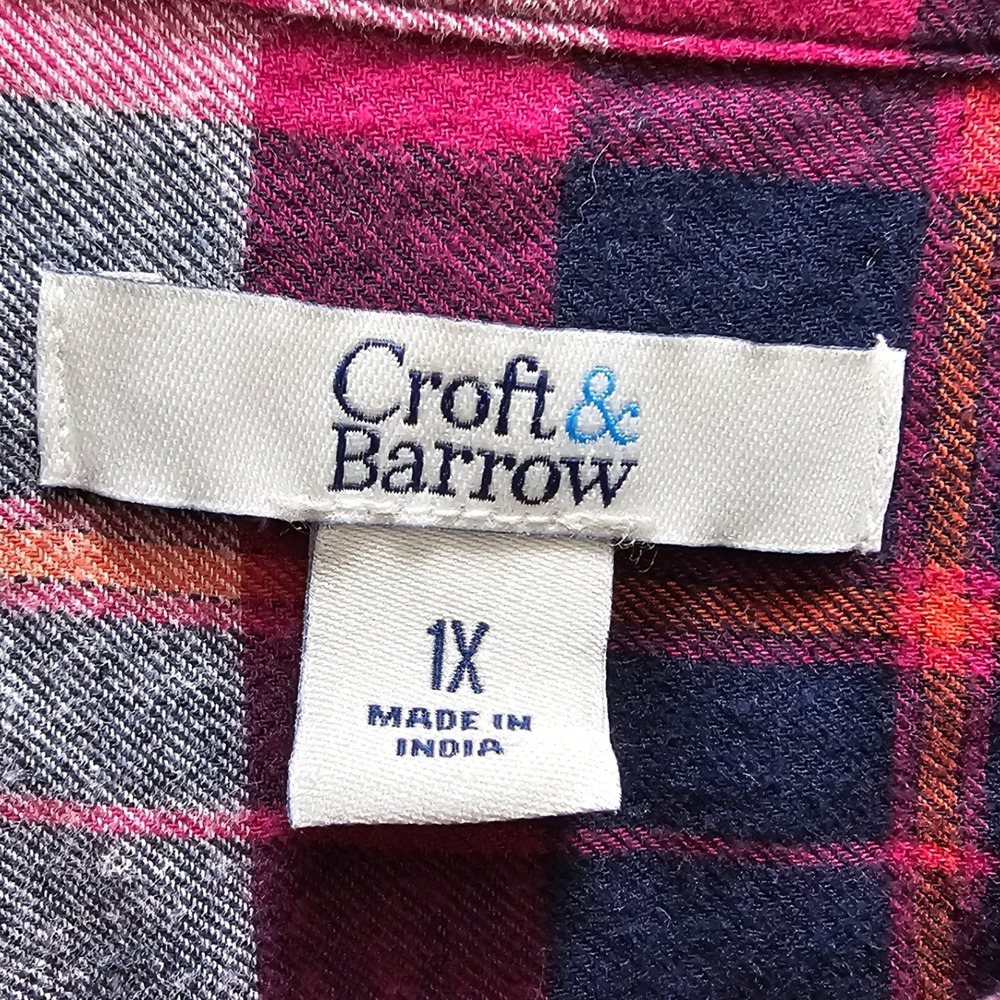 Croft & Barrow Womens Magenta‎ Pink Navy Blue Plaid Flannel Button Down Shirt 1X - Picture 2 of 7